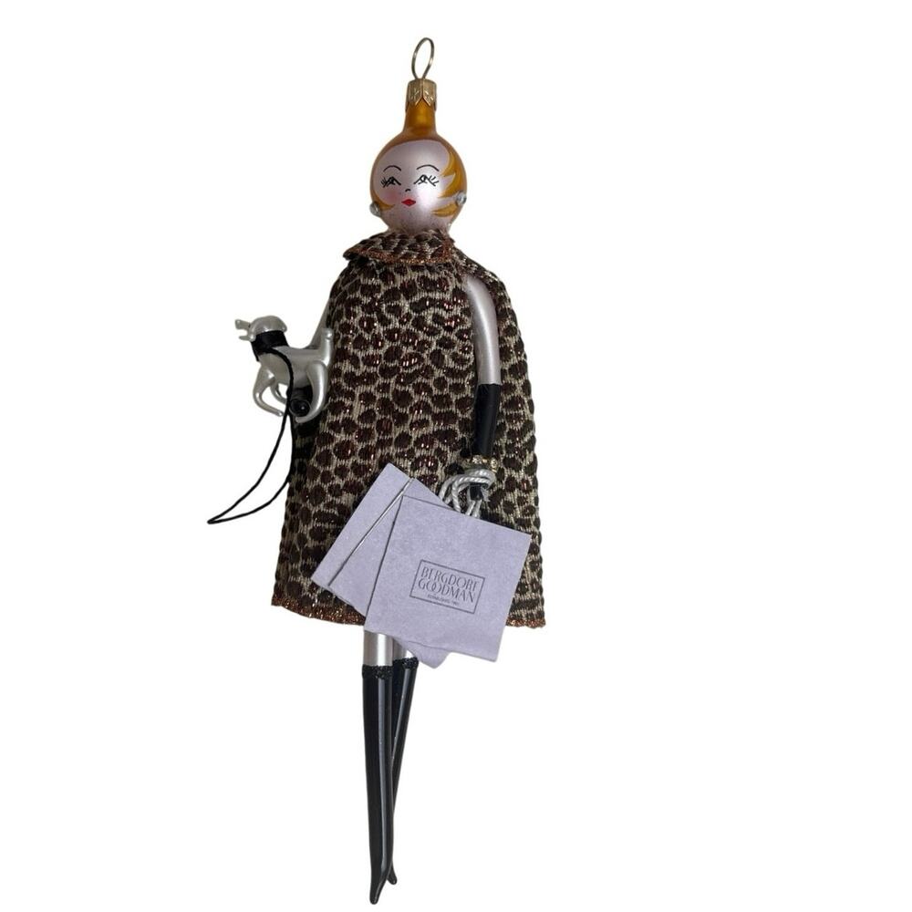 De Carlini Bergdorf Goodman Glass Ornament Leopard Coat Lady Dog Italy w/ BG Box